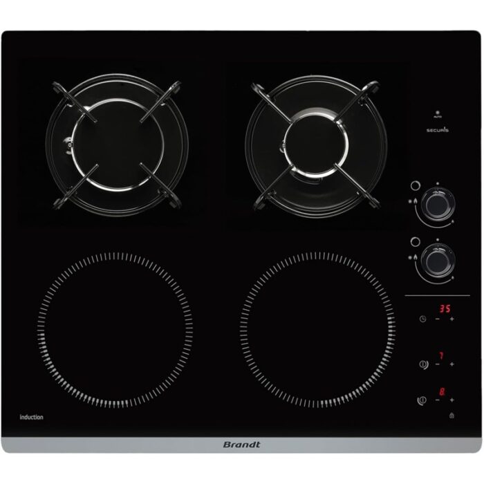 Brandt BPI6413BM Table de Cuisson Induction 3400W et Gaz 4600W, 4 Foyers